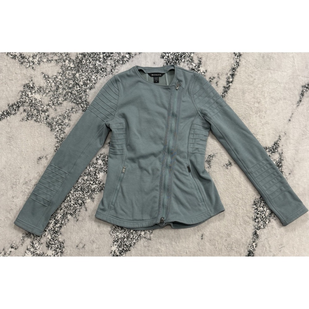 Athleta Moto Jacket Womens Small Green Asymmetrical Zip Athletic Stretch Comfort